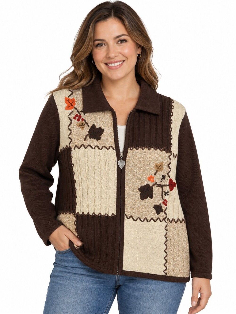 Alia Women’s Medium Patchwork Embroidered Full Zip Cardigan Sweater Brown Beige